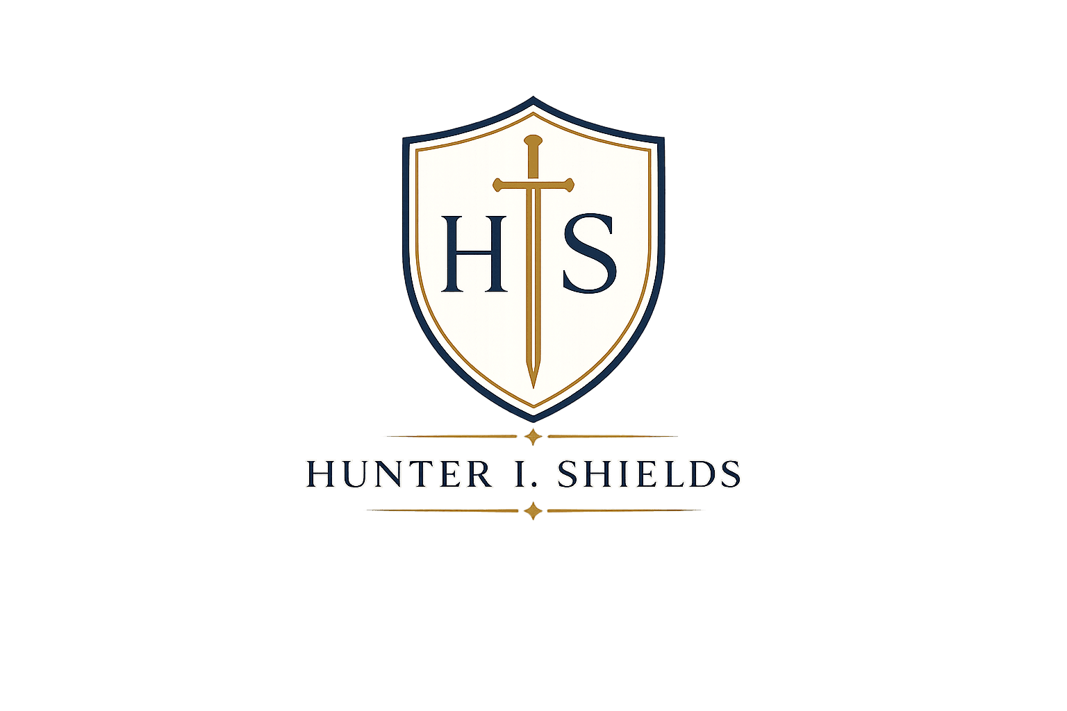 Hunter I. Shields shield monogram in navy, gold, and white